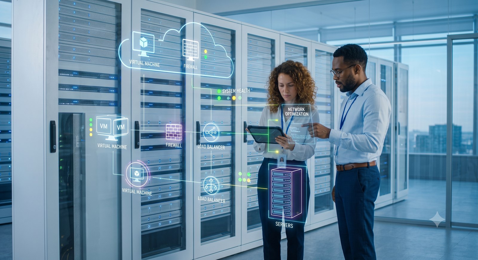 Two IT professionals reviewing server, network and cloud infrastructure in a data centre